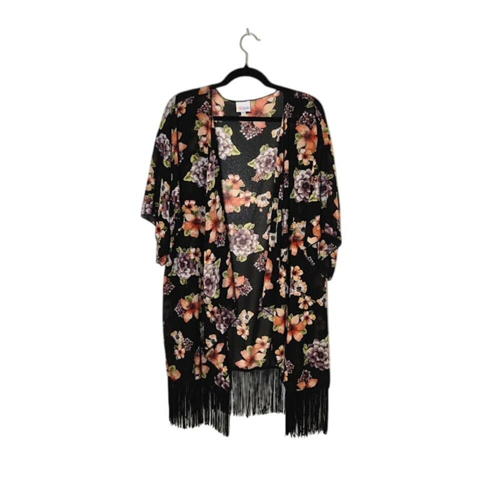LuLaRoe Womens Floral Sheer Kimono Size Large Black Fringe Whimsigoth Feminine